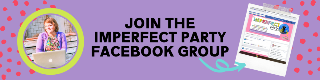 Join the Imperfect Party Facebook Group. A purple graphic with an image of Deanna when she had red hair. 