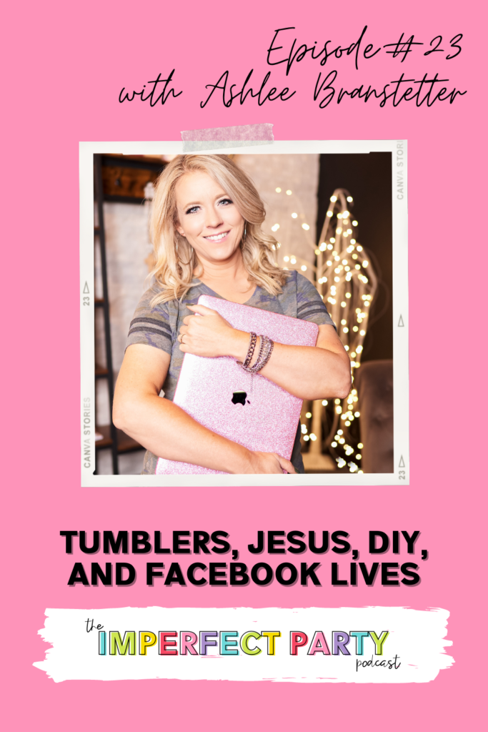 Ashlee Branstetter of Ashlee Fay Designs on the cover of The Imperfect Party Podcast holding a pink glitter laptop