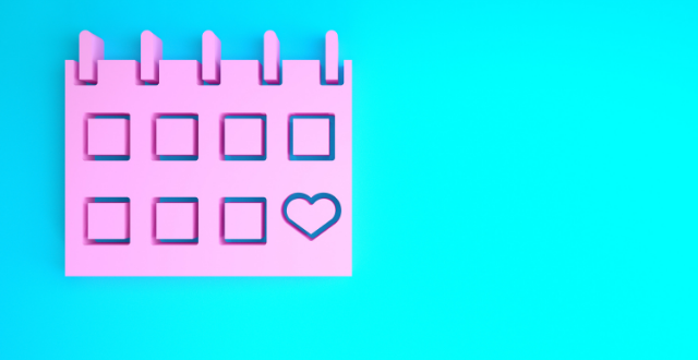 pink graphic illustration of a calendar on a bright blue background