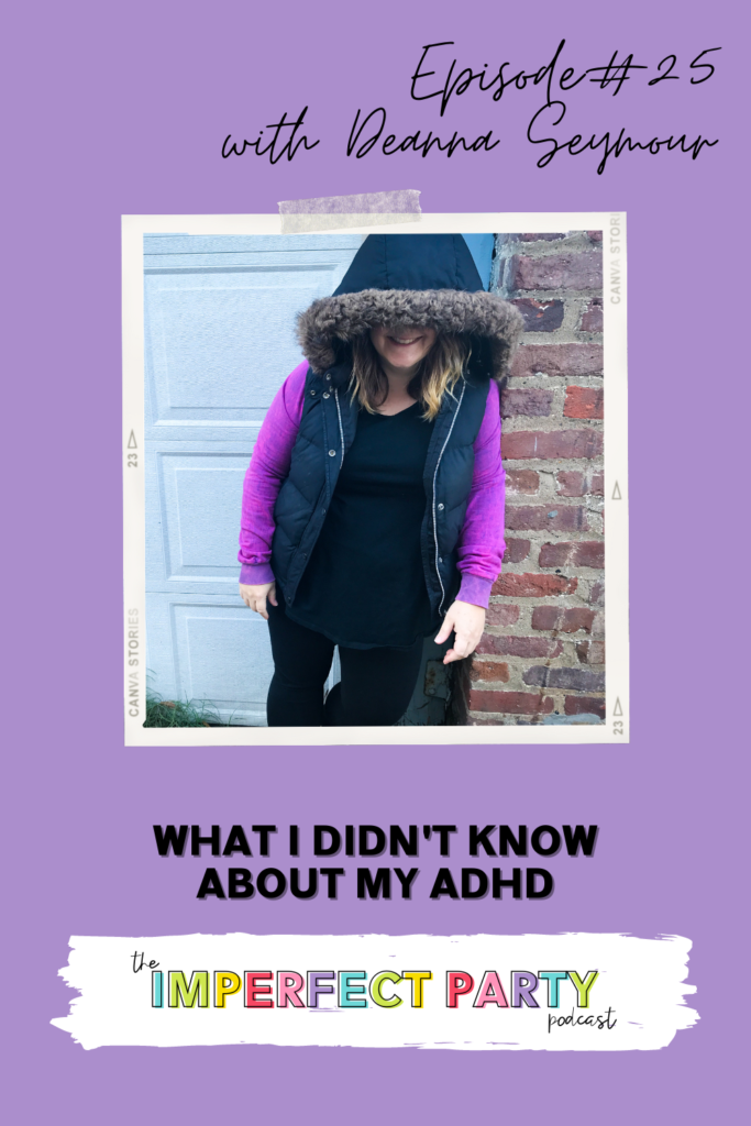 Deanna Seymour for the cover of Imperfect Party episode 25 podcast; about what she didn't know about her adhd. She's leaning on a brick wall with her hood covering her eyes.