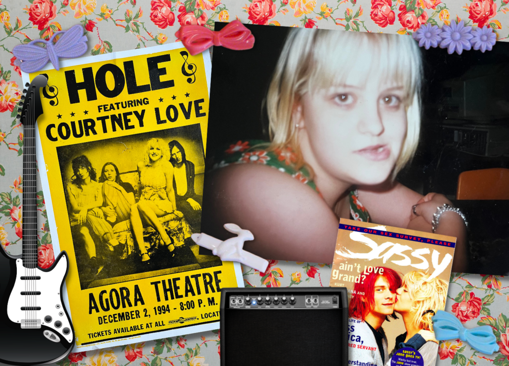 A collage of Deanna Seymour in high school with bleach blonde hair, a Hole poster, a black and white guitar, an amp, some vintage baby barrettes, and the color of Sassy magazine with Courtney Love and Kurt Cobain.