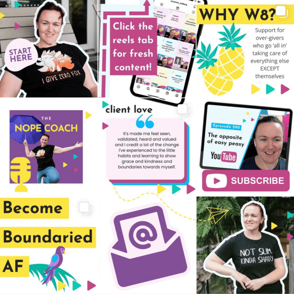 An example of a fun static 9 grid for Instagram made for Suzanne Culberg, the Nope Coach helping people set boundaries. Purple accents and yellow pineapples help this call to action on her 9 grid stand out. 