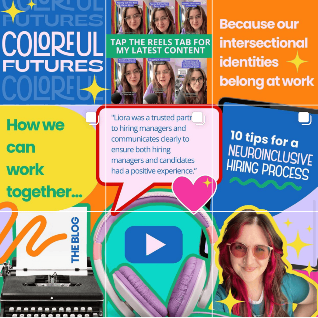 Colorful static instagram grid that includes ways to connect on the blog, how to work together, and more. 