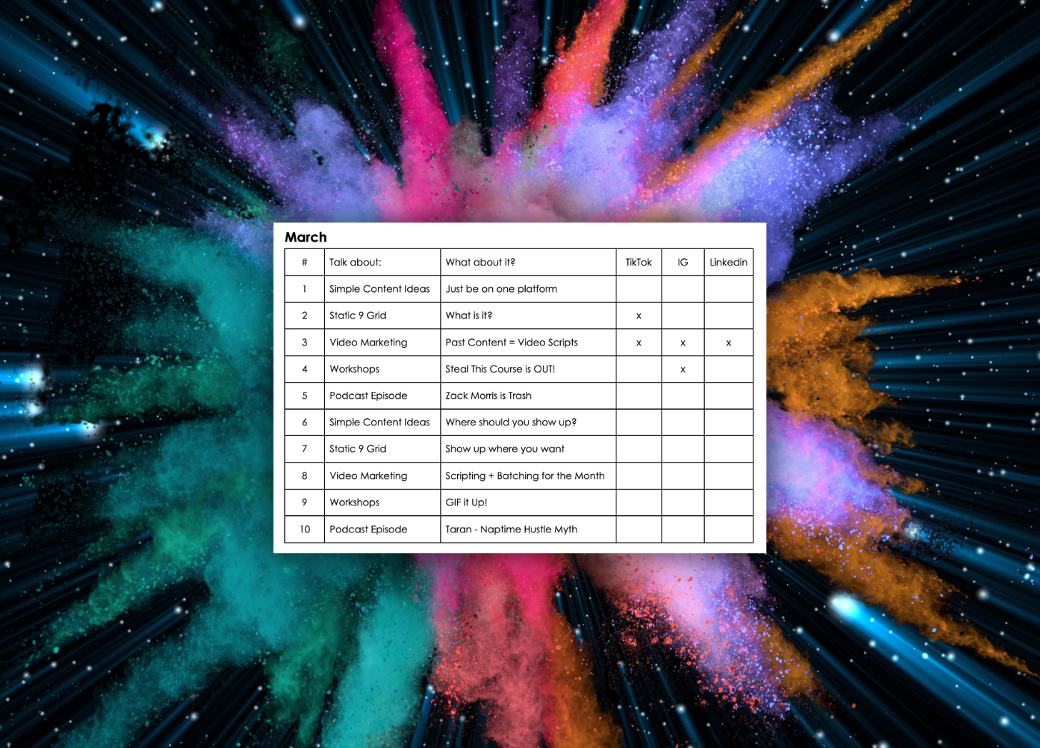 Outerspace and an explosion of color and a chart with a video posting content plan.