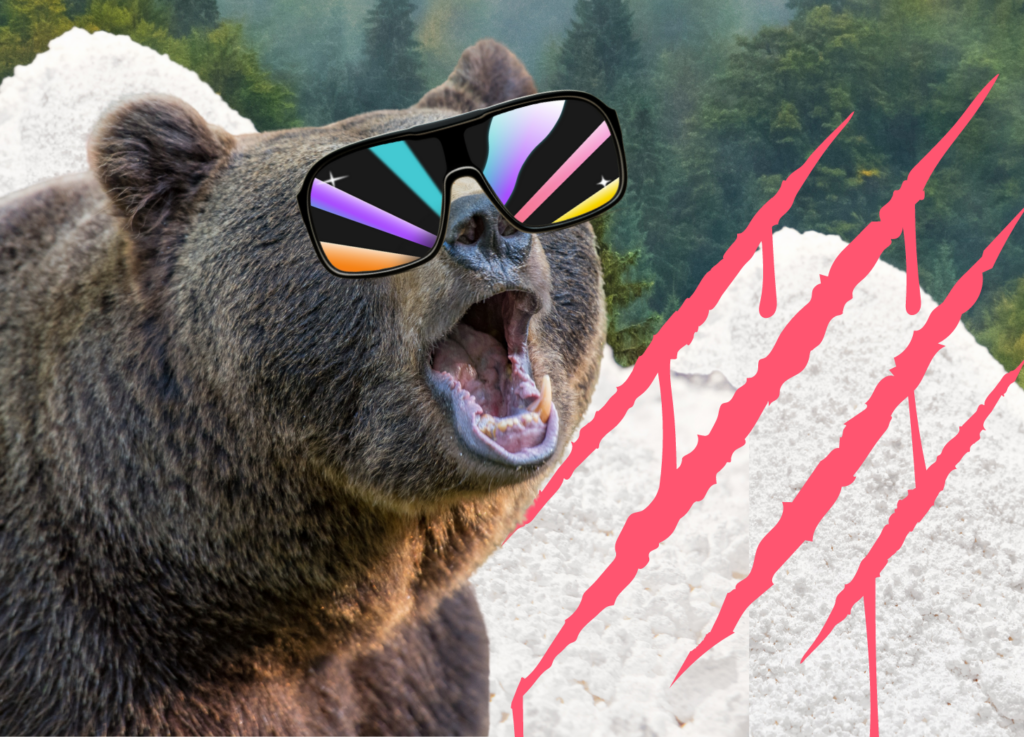 Black bear with cocaine mountains and green trees wearing 80s sunglasses and bloody claw marks graphics