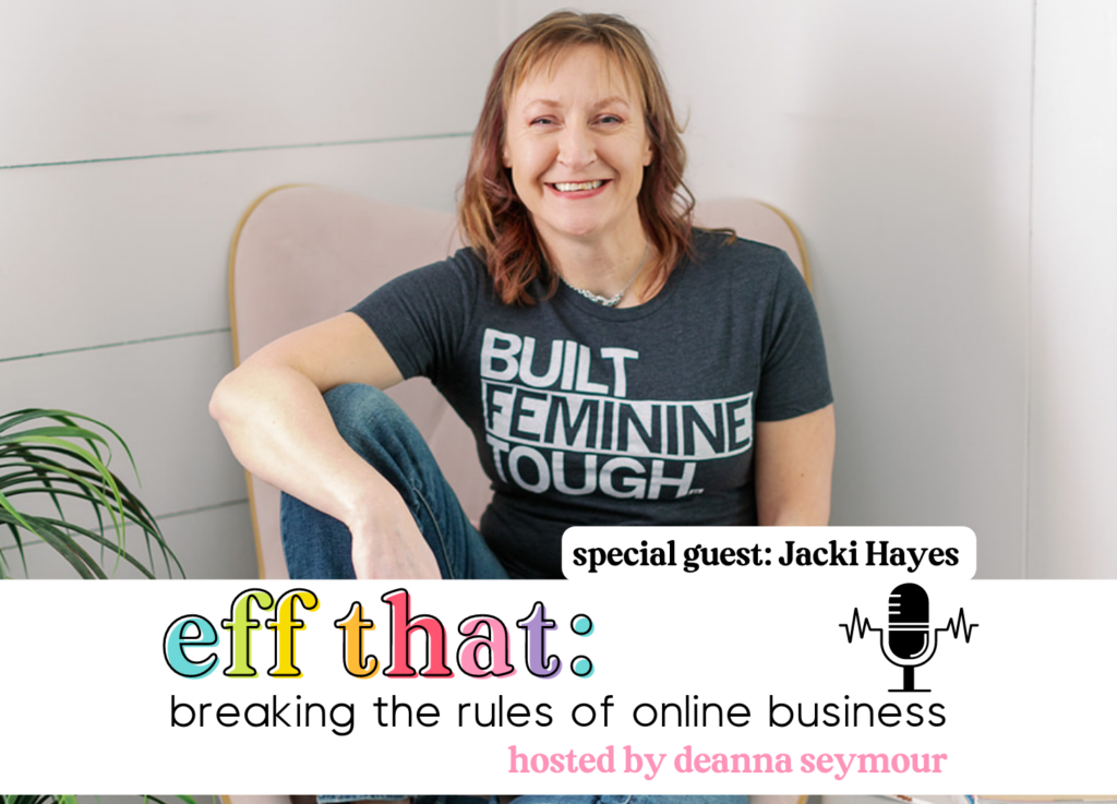 Jacki Hayes sitting in a chair with a tshirt that reads Built Feminine Tough