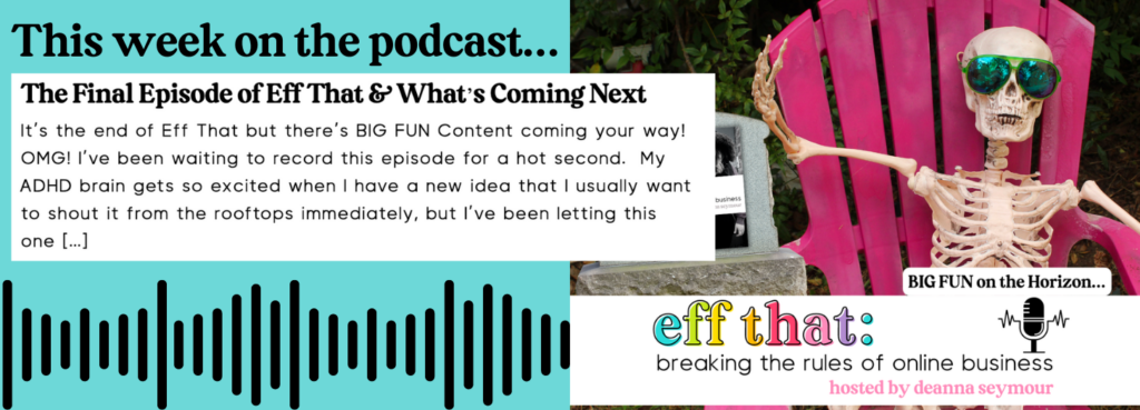 podcast graphic for Eff That, including a soundbar, microphone and a skeleton in a pink chair with sunglasses on. 