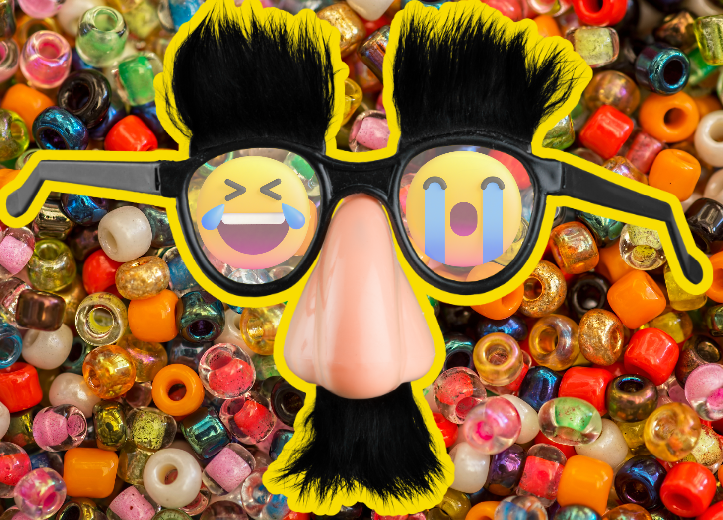 Mustache glasses and laughing smiley faces over colorful bead background