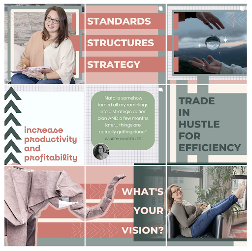Static 9-grid Instagram feed advertising a business and custom graphics for Natalie Ash, an business consultant