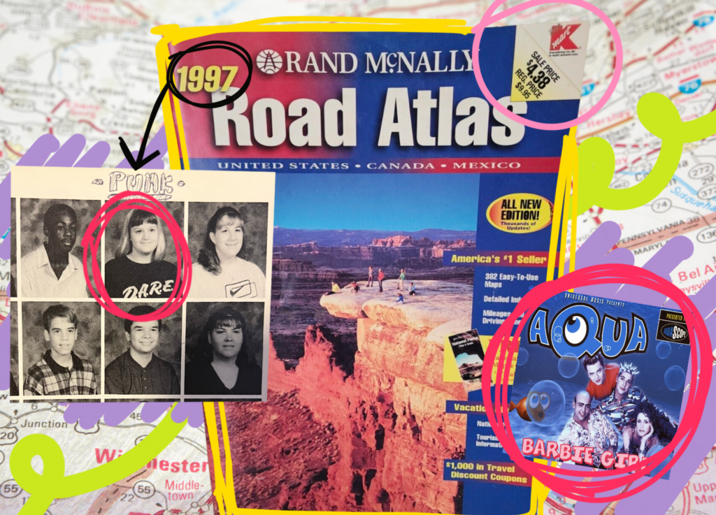 1997 rand mcnally road atlas photo, Deanna Seymour punk yearbook photo, and barbie girl by Aqua