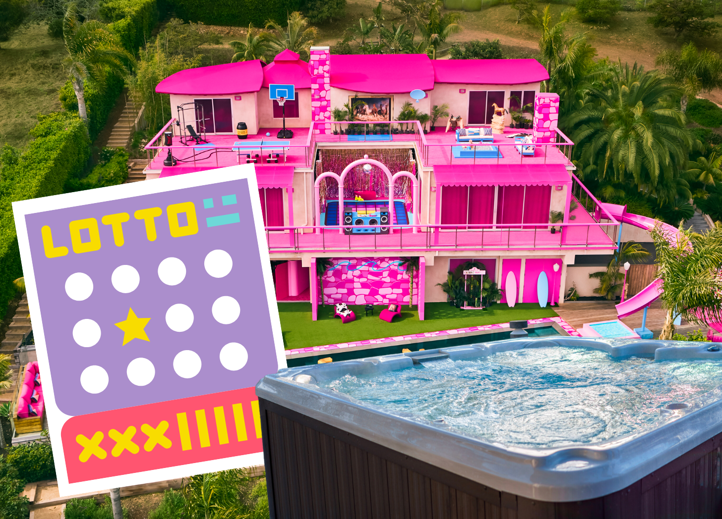 Barbie dream house, lottery ticket, million dollar dreams, hot tub, pool