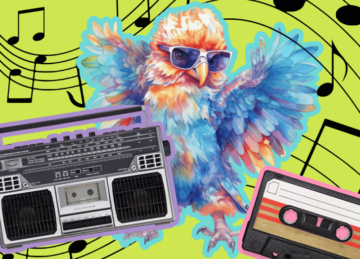 neon fluffy bird, boombox, cassette tape, throwback, music notes