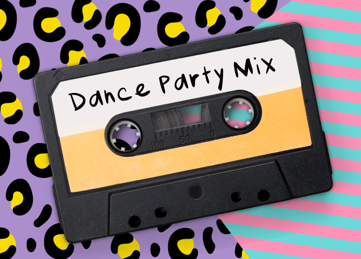 dance party mix, mixtape, leopard print, throwback, cassette tape