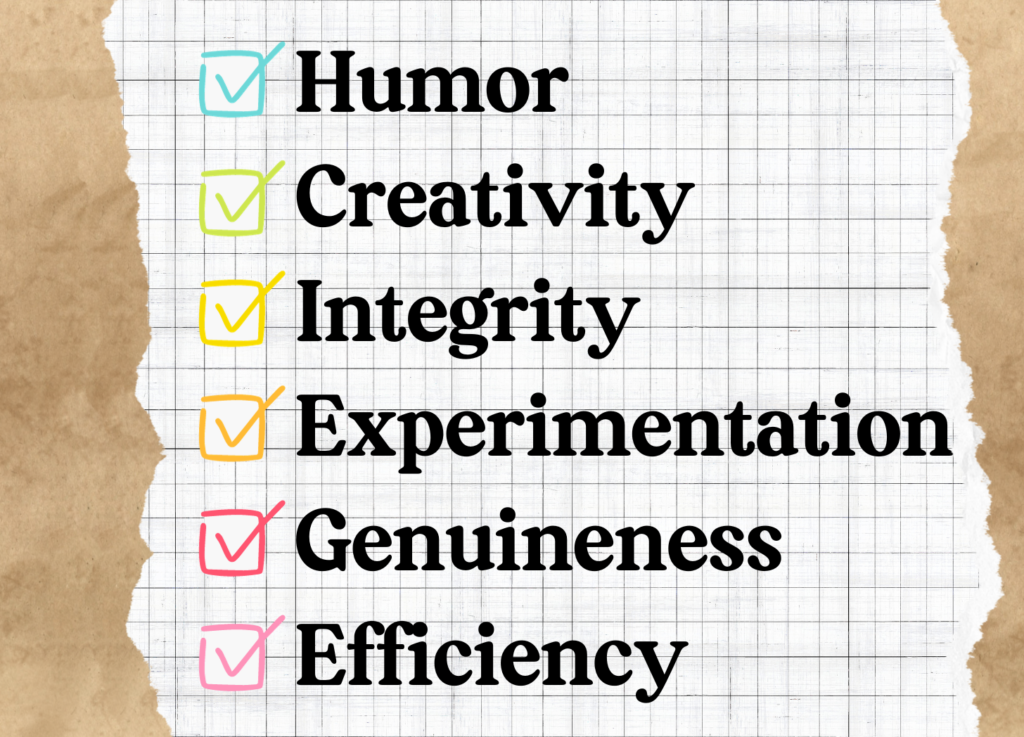 colorful, checklist, grid paper, humor, creativity, integrity, experimentation, genuineness, efficiency