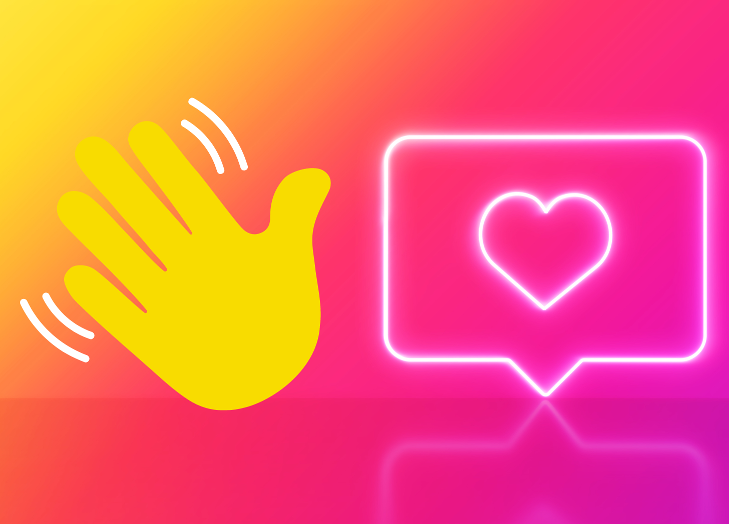 Yellow waving hand emoji and neon white heart in a speech bubble on a gradient background of yellow, orange, pink, and red—a perfect farewell moment for deleting Instagram.