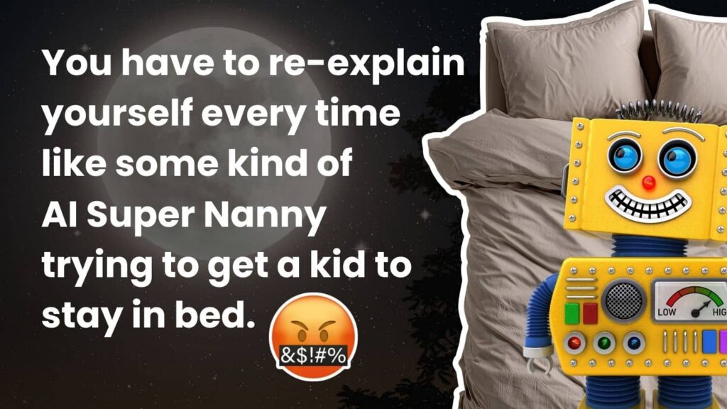 Quote graphic: re-explaining AI preferences every chat is like being an AI Super Nanny