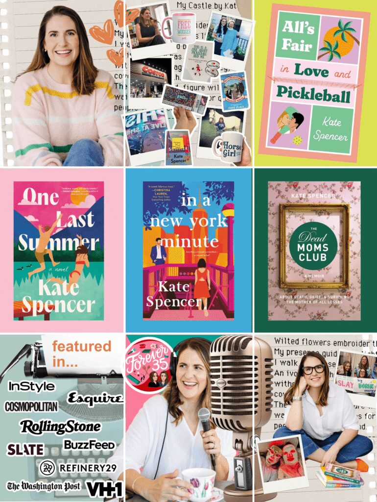 Kate Spencer author brand collage featuring her books One Last Summer, In a New York Minute, The Dead Moms Club, podcast imagery, media features, and lifestyle photos in a colorful 9-grid layout
