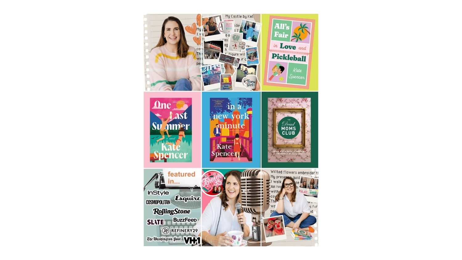9-grid collage of author Kate Spencer featuring her books, podcast, media features, and lifestyle images showcasing her personal brand and creative work