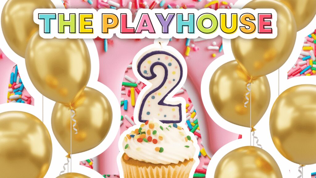 Colorful "The Playhouse" banner celebrating a 2nd birthday, with gold balloons framing a sprinkle-covered cupcake topped with a number 2 candle on a pink sprinkle background.